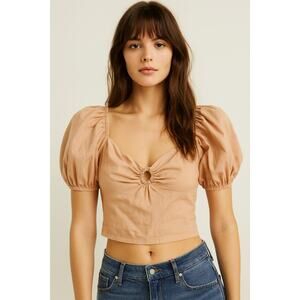 Abercrombie & Fitch Puff Sleeve Crop Top Small Beige Ruched Boho Cottagecore